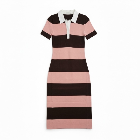 ​Active USA Striped Knit Polo Midi Dress - Pink & Brown Preppy Collared Sheath - Picture 14 of 14